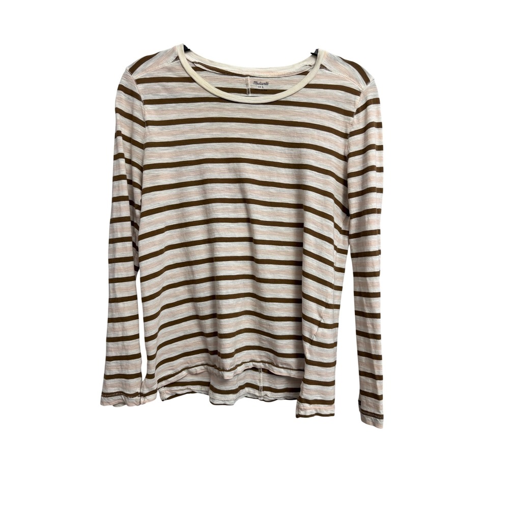 Madewell Womens Large Brown Cream Striped Cotton Long Sleeve Tee Shirt Top